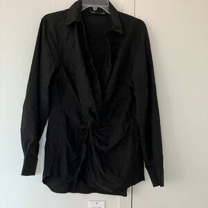 Zara Woman sz XL Black Blouse front knot button down look synthetic